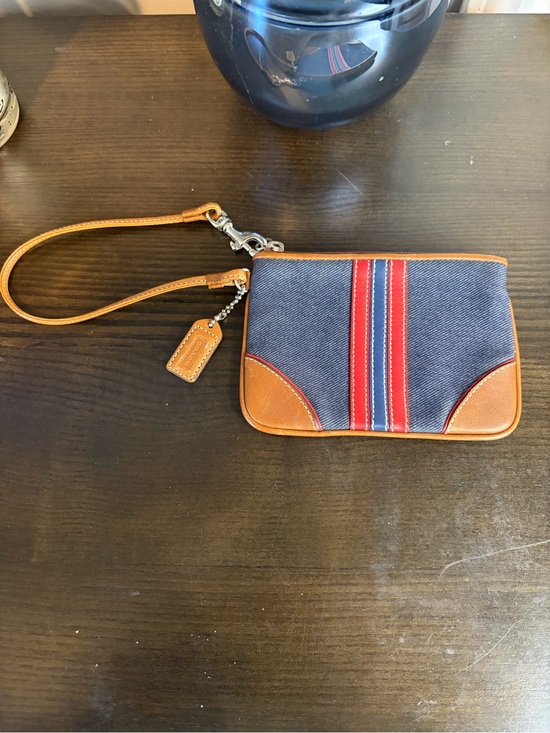 Coach Handbags - Coach Denim Wristlet with Tan Leather and Red Stripe Y2K